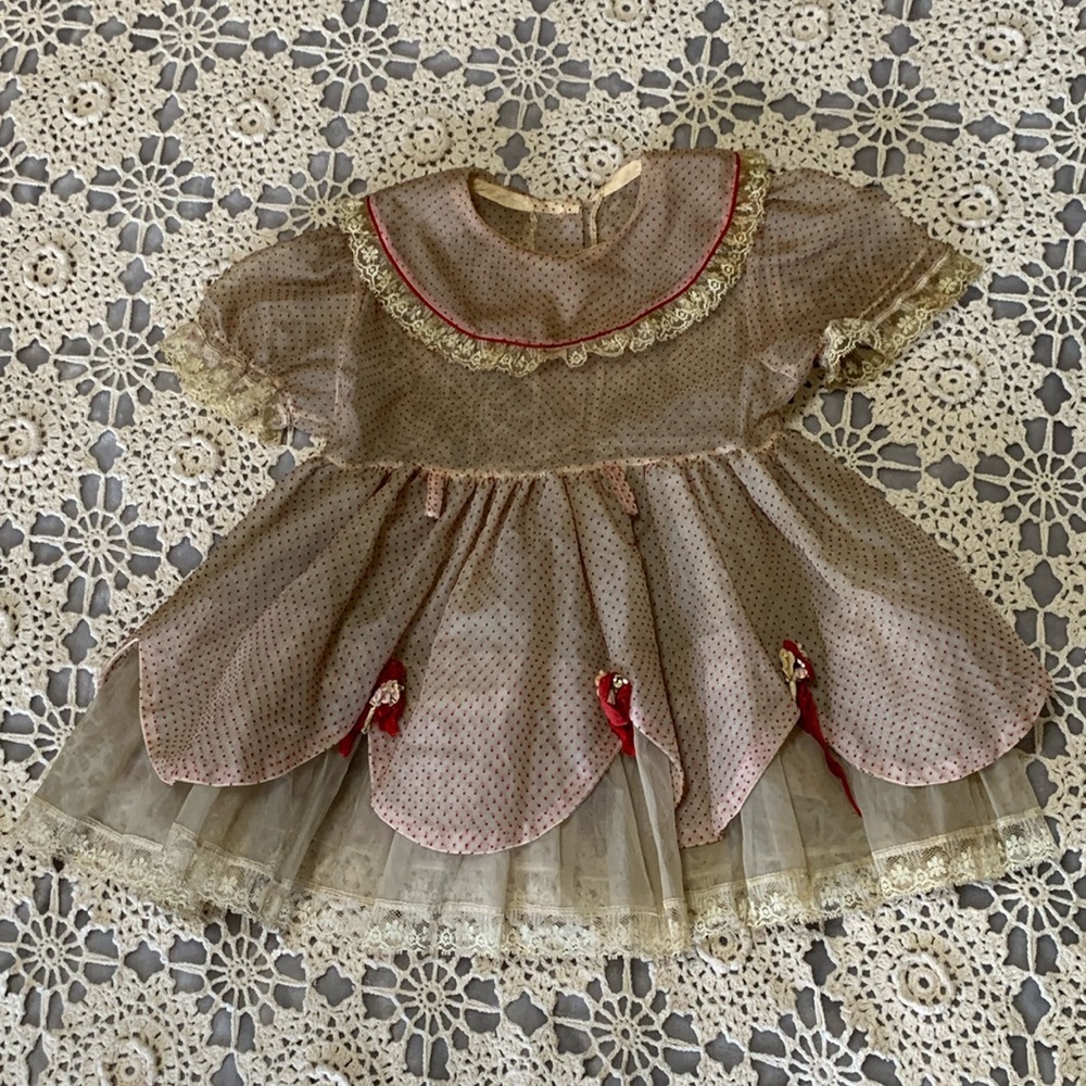Vintage Antique Girls Frilly Lace Ivory & Red Polka Dot Dress size 2